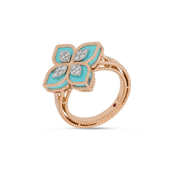 Princess Flower ring with diamonds and turquoise