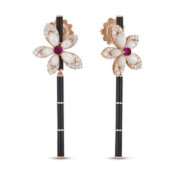 Tiare earrings with diamonds, mother of pearl and rubellite