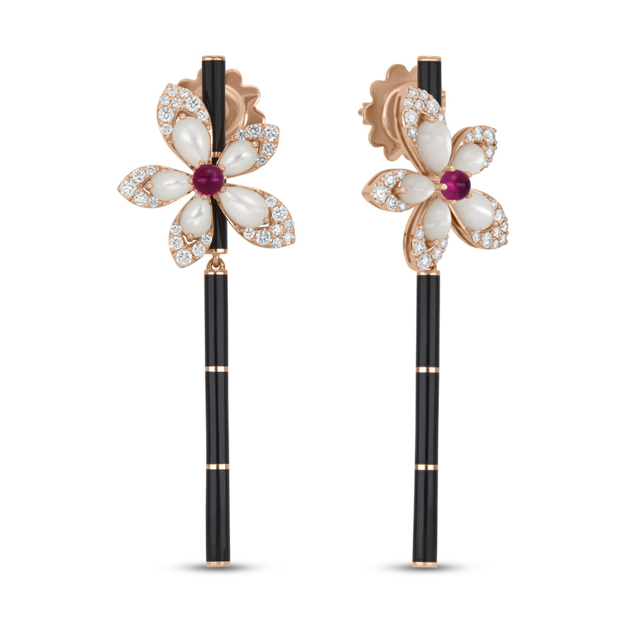 Tiare earrings with diamonds, mother of pearl and rubellite