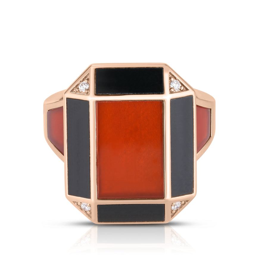 Art Deco ring with black jade, red agate and diamonds