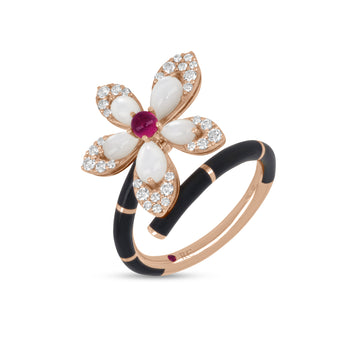 Tiare ring with diamonds, mother of pearl and rubellite