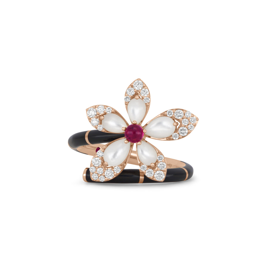 Tiare ring with diamonds, mother of pearl and rubellite