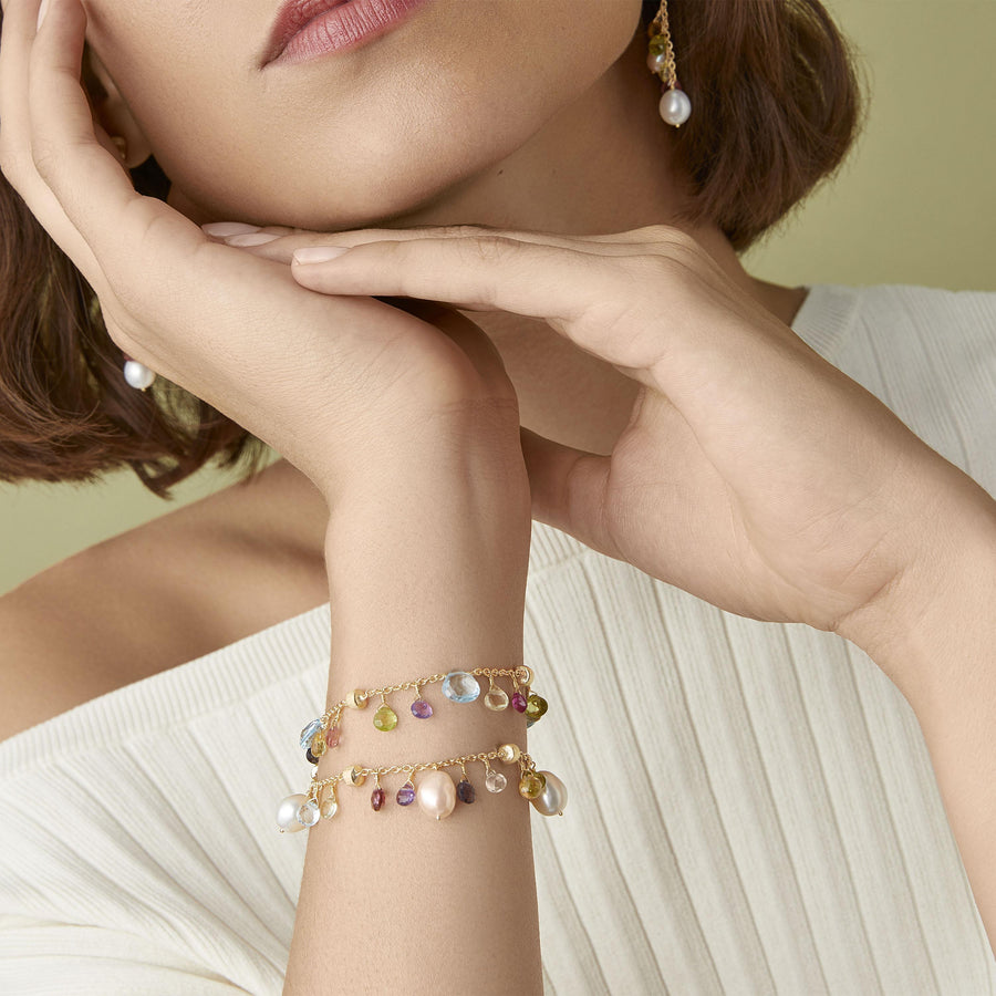 Pearls and multicoloured gemstone single-strand 18kt yellow gold bracelet  by Marco Bicego Howards Jewelers