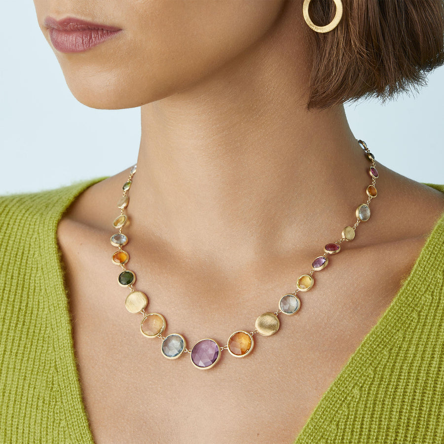 Large gold necklace with multicoloured gemstones