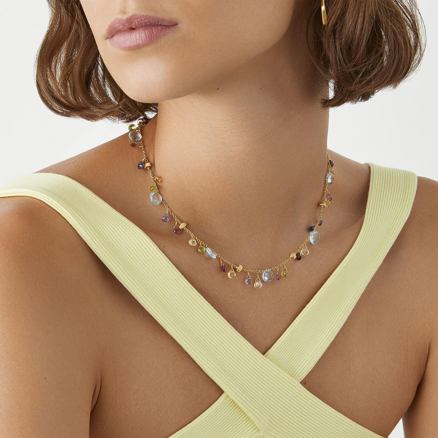 Gold chain necklace with multicoloured gemstones