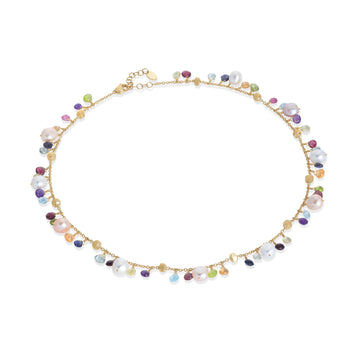Paradise 18k gold necklace with pearls and multicoloured gemstones