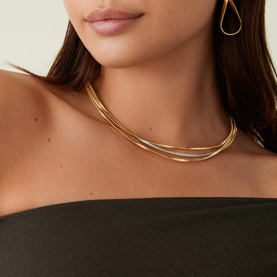 Marrakech yellow gold three-strand coil necklace with diamond bar