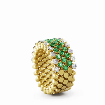 Serafino Consoli multisize ring in yellow gold, diamonds and tzavorites