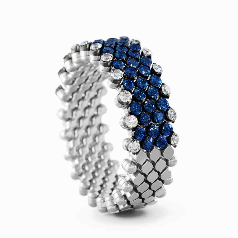Serafino Consoli multisize ring in white gold, diamonds and blue sapphires